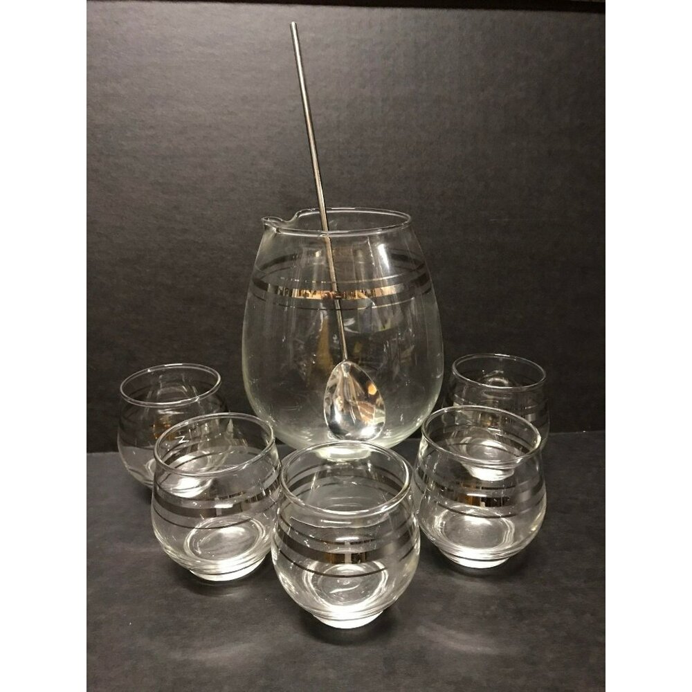 Vtg Set of Cocktail Mixer & Matching Glasses MCM Bar Ware Set Metal Spoon